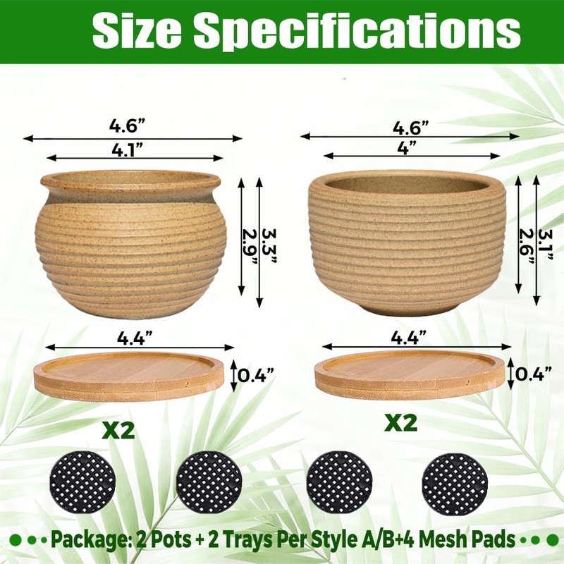 Rustic 4 inch Bonsai Plant Pot with Bamboo Tray Set