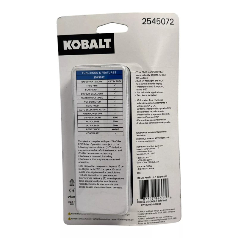 Kobalt Digital True RMS Multimeter CAT IV 600V (2545072) New