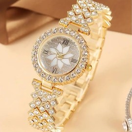 Dacdyi 3Pcs Women Ladies Luxury Watches Wholesale Flower Diamond Bracelet Watch Round Dial Analog Quartz Wristwatches