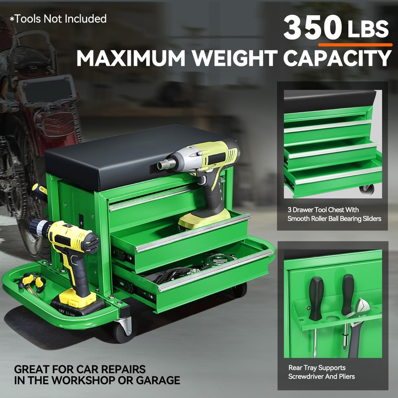 PM PERFORMOTOR 3-Drawer Tool Chest Rolling Mechanic Seat with Tool