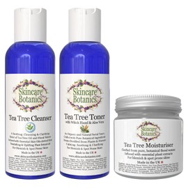 Skincare Botanics Tea Tree Cleanser, Toner & Moisturiser Set for Blemish & Spot Prone Skins | Made from Organic Floral Waters and Infused with Natural Essential Oils