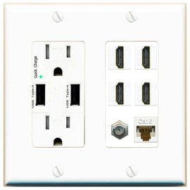 RiteAV 4 Port HDMI 1 Coax Cable TV- F-Type 1 Cat6 Ethernet Wall Plate - USB Charger [White/White]