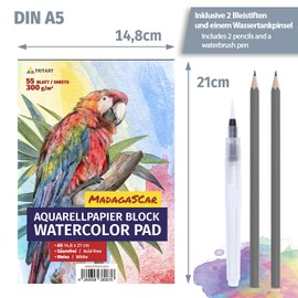 Tritart 55 Sheets Watercolour Paper A5 300 g Set - Watercolour Pad DIN A5 - Watercolour Paper in White - Painting Paper Including Water Brush Water Tank Brush and 2 Pencils