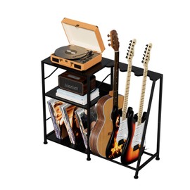 Hosfais Record Player Stand, 3 Tier Guitar Stand for Acoustic, Electric Guitar, Bass Stand, Vinyl Record Storage Up to 200 Albums, Brown Records Shelf for Living Room Bedroom