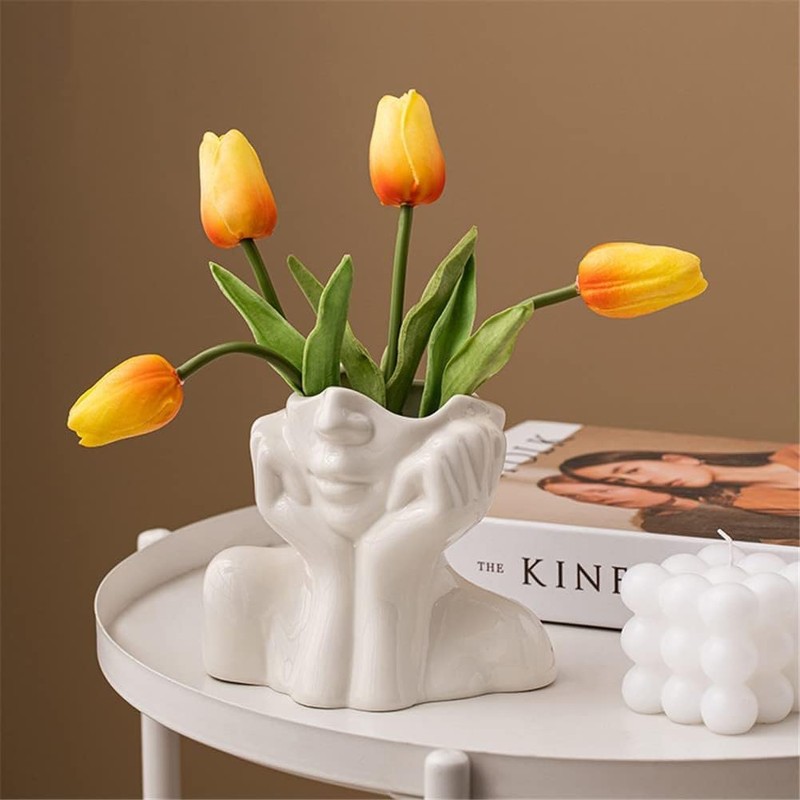 White Ceramic Face Vase - Flower Vase Desk Decor Female