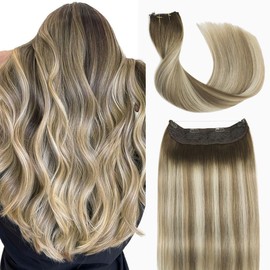Sindra Wire Hair Extensions Human Hair Balayage Walnut Brown to Light Brown and Golden Blonde Fishing Line Human Hair Extensions 22Inch 85g Remy Human Hair Wire Extensions Wire22#3/8/22