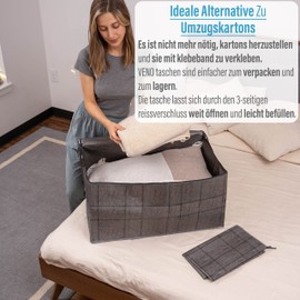 VENO 2 Pack Heavy Duty Large Storage Bag with Lid, Strong Handles and Zippers for Moving, Clothes Storage, Home Supplies, Water Resistant (Black Window Cloth, Pack of 2)