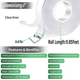 Jiaweixiang Double Sided Mounting Tape Heavy Duty, Clear Multipurpose Removable Sticky Strips, Reusable Strong Wall Tape Picture Hanging Strips Poster Carpet Tape