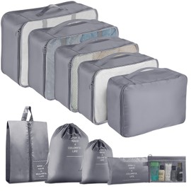 Pack of 10 Suitcase Organiser, Packing Cubes, Packing Cubes for Backpack, Travel Organiser, Packing Bags Set with Clothes Bags, Shoe Bag, Laundry Bag, Cosmetic Bag, Travel Gadgets (Grey)