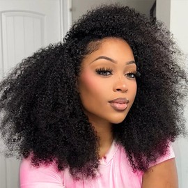 Legendhair Wear & Go Glueless Wigs Human Hair Afro Kinky Curly Human Hair Half Wigs for Black Women Seamless Kinky Curly Bob Pixie Cut Wig Drawstring Full Head Clip in Half Wig 200% Density 12 Inch