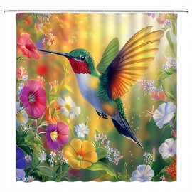 Hummingbird Flower Shower Curtain Spring Floral Leaf Leaves Bird Nature Garden Yellow Green Fabric Curtain with Hooks for Bathroom Decor,70x70 Inch