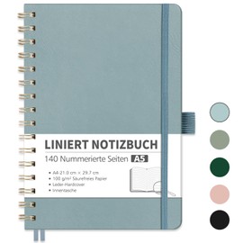 RETTACY Notebook A5 Lined Bullet Journal with 100 g/m² Thick Paper, 70 Sheets/140 Numbered Pages, College Pad for Office and School, Leather Cover, Grey/Blue, 14.8 cm x 21 cm
