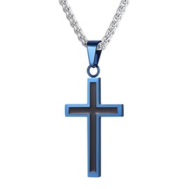 U7 Simple Ion-plating Blue Cross Necklace 22" Stainless Steel Twisted Rope Chain Christian Pendant for Men