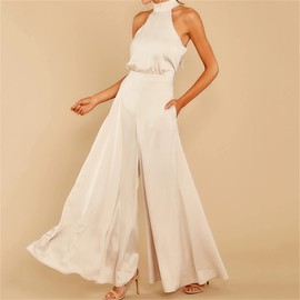 Women Plain Satin Jumpsuit Elegant Summer Halter Off Shoulder Jumpsuit Wide Leg Romper, White