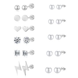 PICKBEAU Pearl Stud Earrings Set for Women, Hypoallergenic Heart Ball Studs Pack 316L Stainless Steel CZ Earrings 3-8mm, Silver