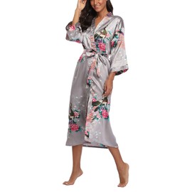 ABC-STAR Women's Kimono Robe Peacock & Blossom Robe Wedding Satin Bathrobe Nightgown