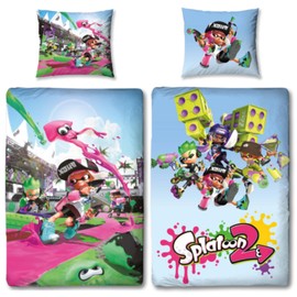 Splatoon 2 Reversible Bed Linen Group 135 x 200 cm + 80 x 80 cm 100% Cotton Renforcé Linen Quality Children's Bed Linen Including Octolings Splatsville Octo Expansion Switch 2 Designs Zip