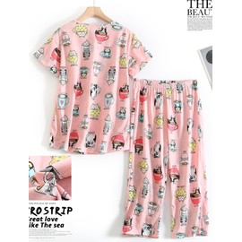 CHUNG Women Cotton Pajamas Set Short Sleeve Top Capri Pants Sleepwear Plus Size, (3XL, Red Coffee Cat)