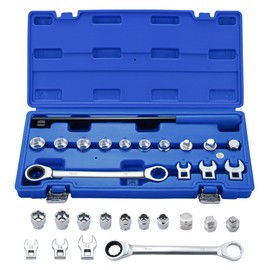 15 Pieces Ratcheting Serpentine Belt Tool Set Ratcheting Serpentine Belt Tensioner Tool Kit with Ratcheting Wrench, Crowfoot Wrenches, Socket Adapters, 6-Point Sockets