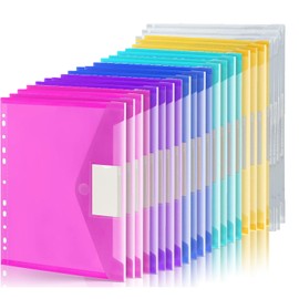 24 Pack 6 Colours File Folder Envelopes with Label Pocket,Envelope Binder Folders with 11 Holes and Tab Pockets and Velcro Buttons,Plastic File Folder Envelopes for Offices Schools Homes