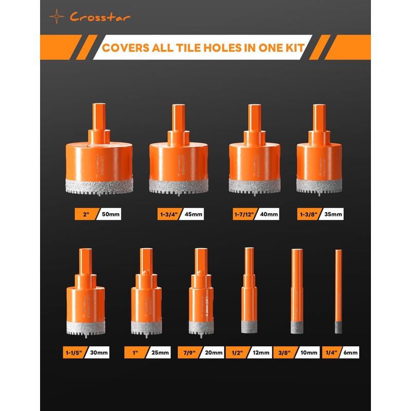 Crosstar 10PCS Diamond Hole Saw Kit with Pilot Bit &
