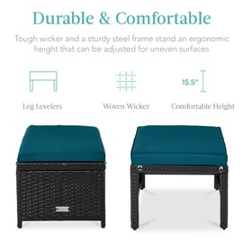 Best Choice Products Set of 2 Wicker Ottomans, Multipurpose Outdoor Furniture for Patio, Backyard, Additional Seating, Footrest, Side Table w/Removable Cushions, Steel Frame - Peacock Blue/Black
