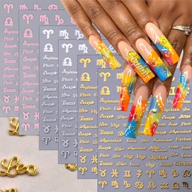 6 Sheets English Letters Nail Stickers for Nail Art Zodiac Letter Nail Art Sticker 3D Self-Adhesive Gold Silver Pink Twelve Constellation Nail Decals Constellation Line Stripe Nails supplies for Women