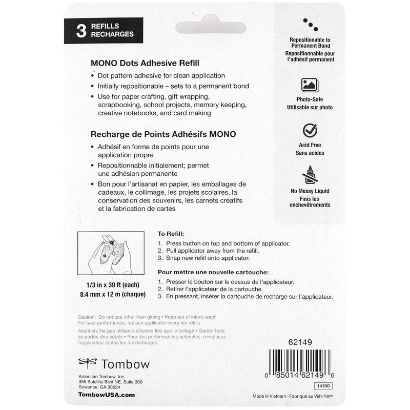 Tombow 62149 Mono Adhesive Dots Applicator Refills, 3-Pack. Easy to