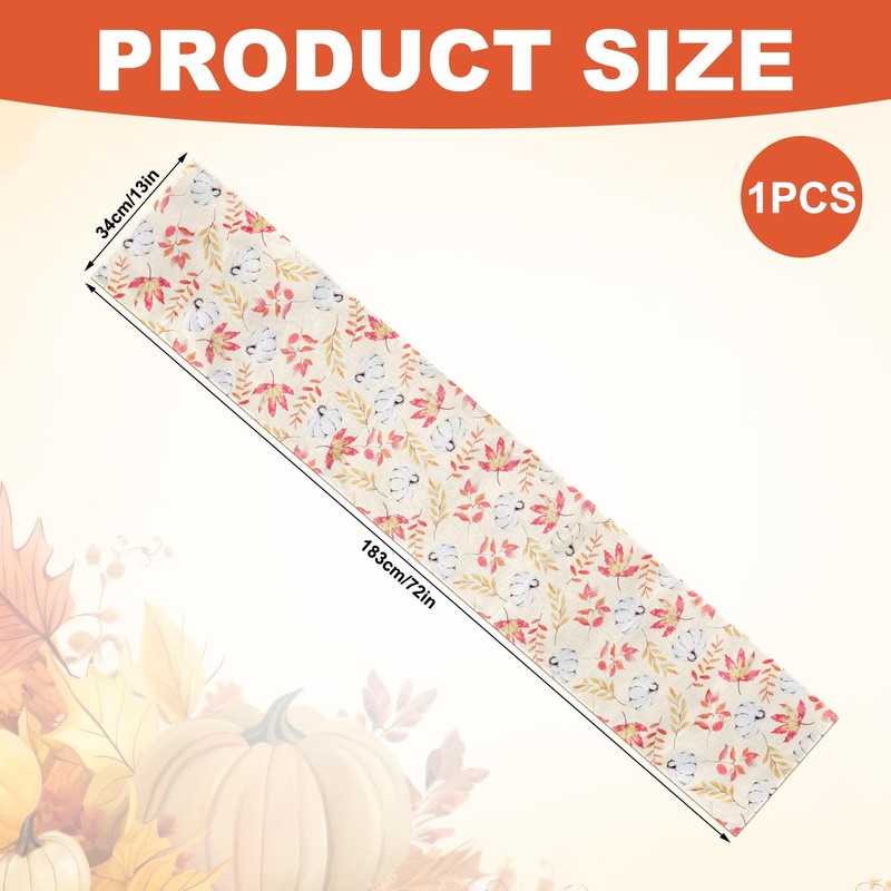 Thanksgiving Table Runner, 72x13in Pumpkin Fall Maple Leaves Table Runner