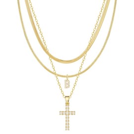TASISO Layered Gold Necklaces for Women  Tiny Initial Necklaces 14K Gold Plated Stackable Necklaces with CZ Cross Design Safety Pin Necklace Chains:_B