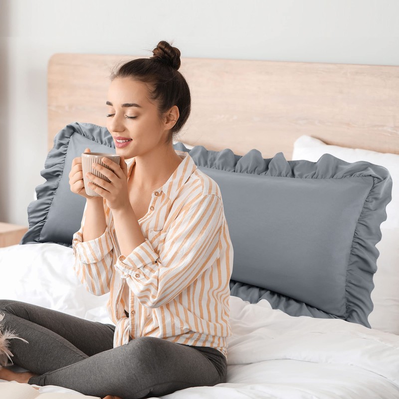 PiccoCasa Soft Microfiber Plain Bolster Pillowcase with Decorative Ruffle and