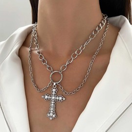 Wendalern Zirconia Cross Necklace Layered Cross Choker Necklace Layered Silver Chain Cross Necklace Shiny Diamond Cross Pendant Necklace Y2k Necklace Jewellery for Women Girls