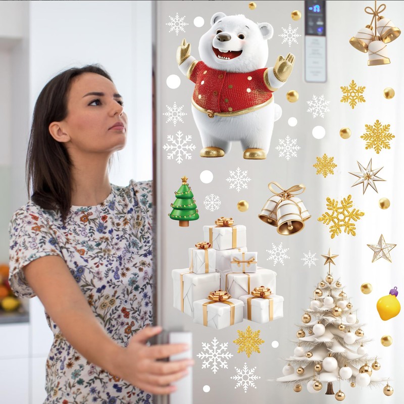Mifferer Christmas Window Stickers, 9 Sheet White Snowflakes,Christmas Tree, Santa