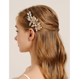 Teyglen Rhinestone Bridal Hair Clip Flower Wedding Hair Clip Pin Gold Silver Crystal Pearl Hair Barrette for Bride Hair Accessories for Women Girls (Gold)