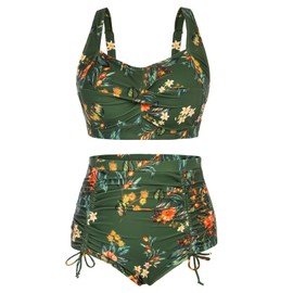 Hanna Nikole Women's High Waisted Ruched Plus Size Bikini Swimsuits Floral Pattern 2 Piece Swimwear Green Flowers 12W