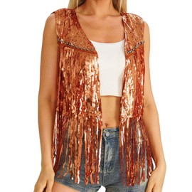 YGDSX Women's sequin Fringe Vest 70s Hippie Costume Tassel Sleeveless Cowgirl Western Costume Jacket Outerwear
