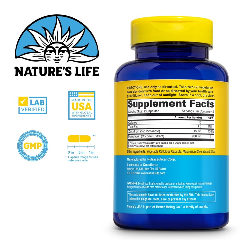 Nature's Life Monolaurin Plus Zinc Immune Support Supplement - 936mg
