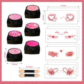 LALACE Face Glitter, Pink Body Glitter Gel - Long-Lasting Holographic Glitter for Hair, Face, Body, Shimmer Eyeshadow, 8PCS DIY Heart Love Temporary Tattoos, Valentine's Day Gifts for Girlfriend