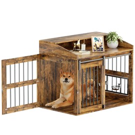 ROOMTEC 40 Inch Dog Crate Furniture with Sliding Barn Door, with Storage, Rustic Style Decorative Dog Cage, Wooden Dog Kennel End Table, Easy Assembly, for Medium Large Dog