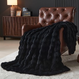 Lotus Karen Faux Fur Blanket Black Twin Size - Big Bubble Rabbit Fluff Blanket for Couch, Small Fluffy Fuzzy Cozy Blanket, Thick Furry Plush Shaggy Blankets, 60x80 Inches