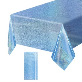 FALIZIFU 1 Pack Light Blue Iridescent Plastic Tablecloth Disposable 54 × 108 Inch Glitter Holographic Foil Table Cloth Plastic Laser Rectangle Table Cover for Birthday Wedding Disco Party