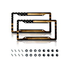 GACCAP License Plate Frame 2 Pack Front Rear Aluminum Metal Rust-Proof Universal Car Tag Frames Holder with 4 Holes Car Decor Accessory with Screws for Men Women - Wood American Flag