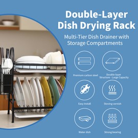 Cakwendon 2 Tier Dish Drying Rack with Drain Tray,Stainless Steel Dish Racks for Kitchen Counter,Kitchen Sink Organizer for Dishes,Utensils& Fork Knives,Cutting Boards Storage