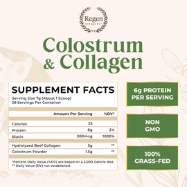 Regen Vitality Grass-Fed Colostrum & Collagen Powder | Gut Health, Hair, Skin & Joint Support | New Zealand Bovine Colostrum, Hydrolyzed Collagen Peptides, 300mcg Biotin | Vanilla Bean | 28 Servings