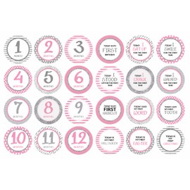 Inkdotpot 12 Month Baby Milestone Sticker Boy/Girl-Monthly Milestone Round Stickers, Record Newborn’s First Year Infant Baby Photo Props (Pink Stripe & Chevron), 24 Count-4 Inches