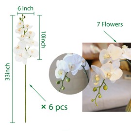 FagusHome - Flores artificiales de Phalaenopsis de 33 pulgadas, 6 unidades, plantas de tallo de orquídeas artificiales para decoración del hogar (blanco puro)