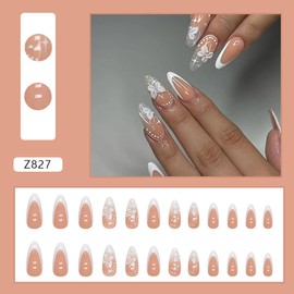 Almond Press on Nails French Tip 24Pcs Glossy Full Cover Acrylic Medium Reusable White False Nails with Butterfly Designs Natural Artificial Almond Fake Nails with Glue Stick on Fingernails for Women