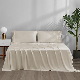 ACCURATEX Cooling Sheets King Size - 100% Viscose Made from Bamboo, Luxury Cool Silky Sheet Set for King Size Bed, Super Soft Breathable Bedding Sheets up to 16 inches Deep Pockect, Beige