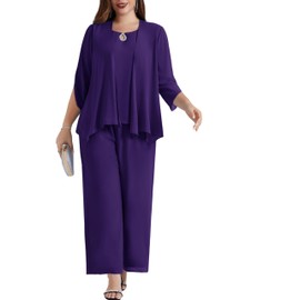 Hanna Nikole Women's Large Sizes Chiffon Evening Suit Sets Cocktail Party Festive Elegant 3-Piece Set Shirt and High Waist Trouser Suit, dark purple