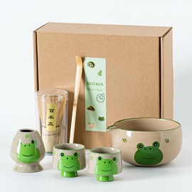 hijaunatis Frog Matcha Whisk Set, Cute Ceramic Matcha Kit with Hand-Painted Bowl with Spout, 2 Cups, Bamboo Whisk, Holder & Scoop, for Tea lovers and Gift Giving